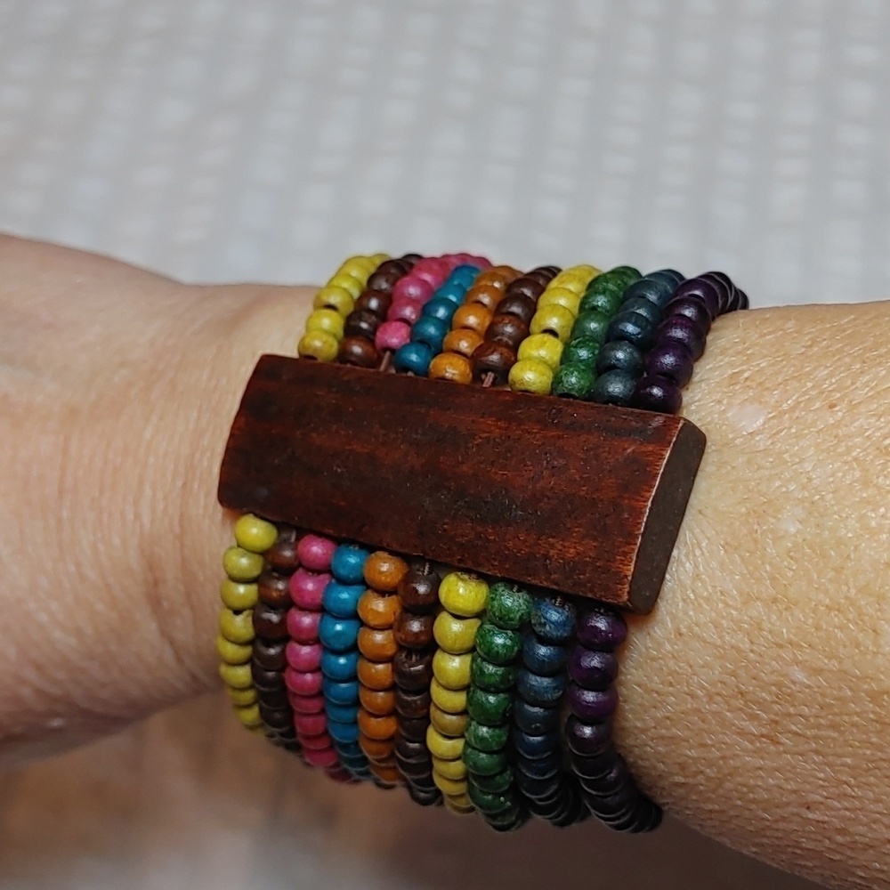 Bohemian Colourful Wooden  Bead Multi Strand Stretch Bracelet